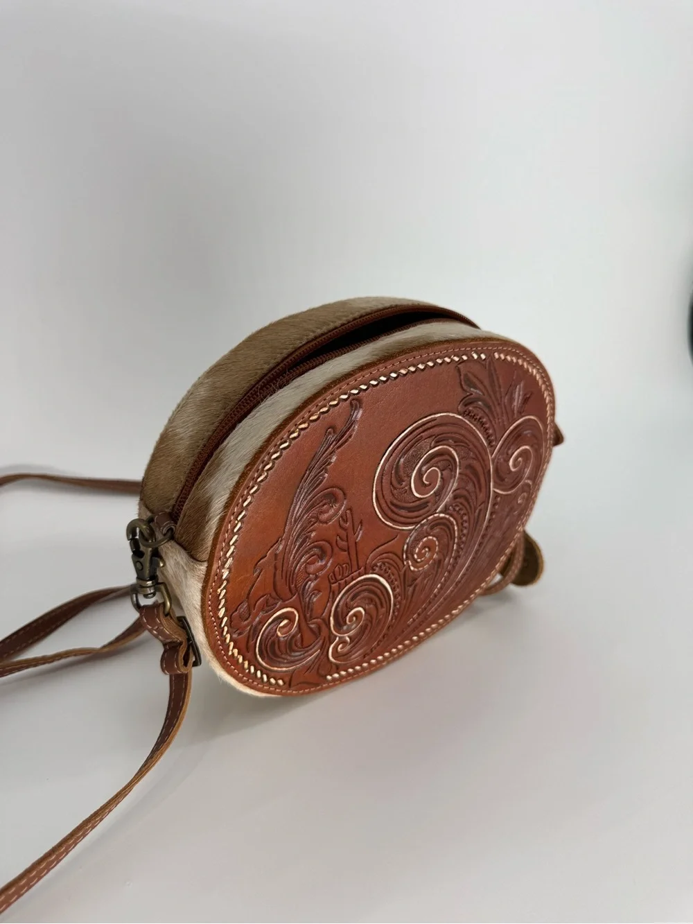 Myra Bag Brown Leather Round Crossbody with Tooled Detail